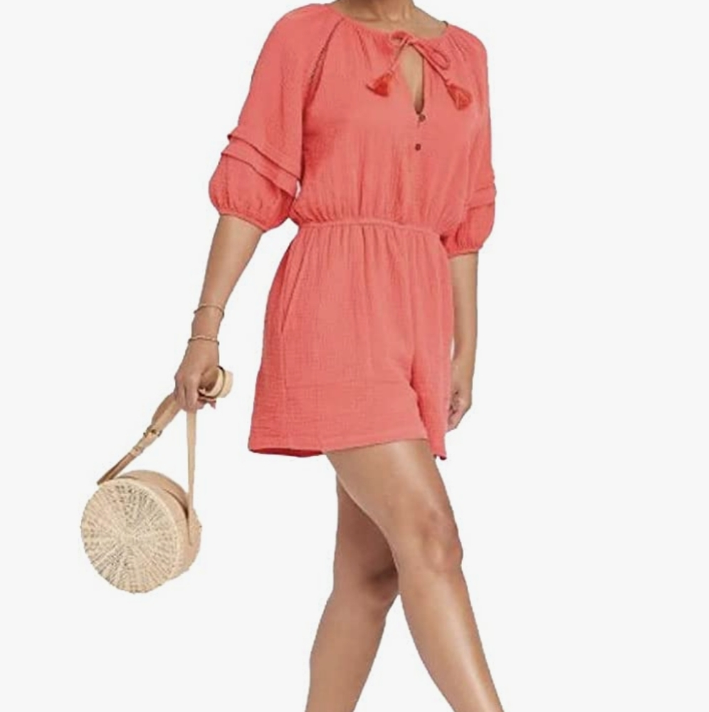 Brand: Knox Rose Knox Rose Women's Short Sleeve Chiffon Romper - (Coral Pink,